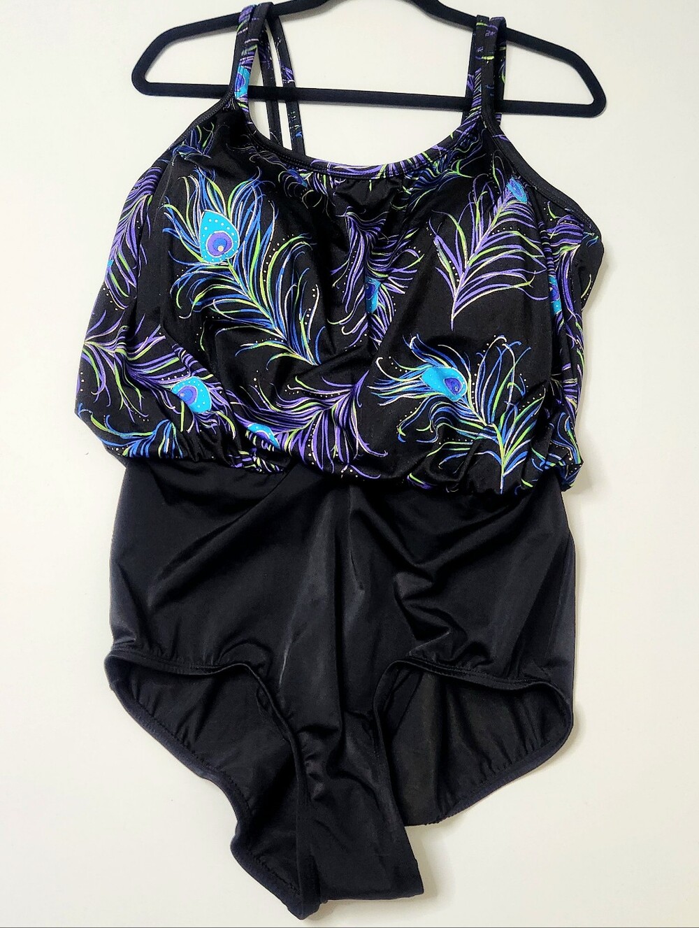 Black One-Piece Swimsuit with Peacock Feather Print